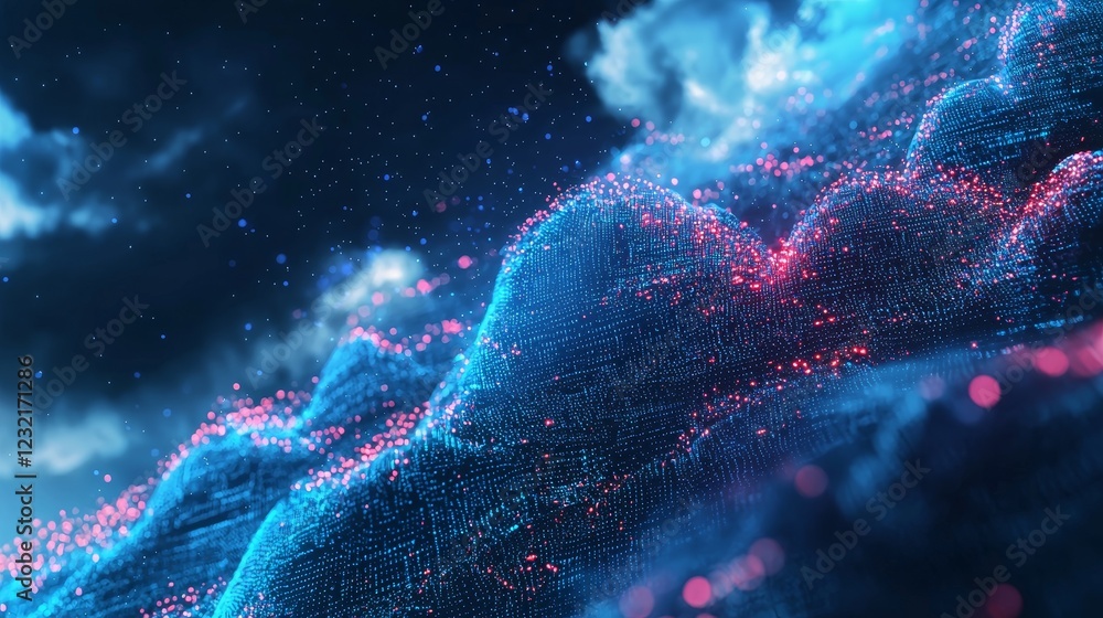 Poster twisting clouds of pulsating data in space with vibrant colors and depth