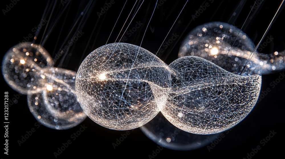 Poster pulsating luminous orbs linked by woven filaments in a dark background