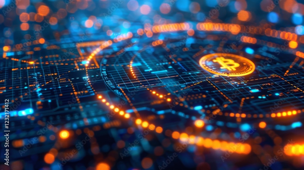 Poster Intricate design showcasing a glowing bitcoin symbol, at the center surrounded by a complex network of digital circuitry with vibrant colors representing cryptocurrency security and technology.