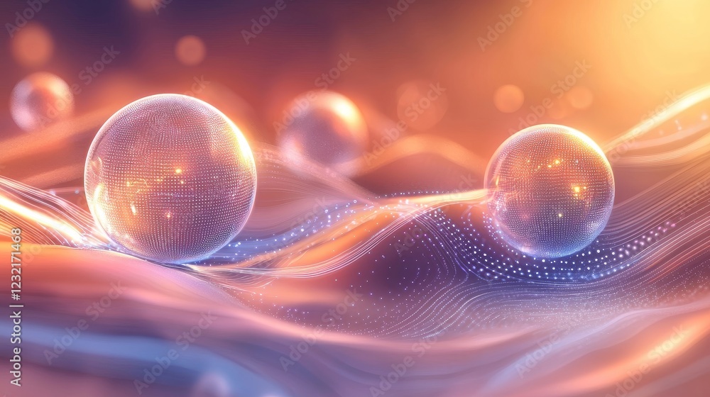 Poster pulsing light orbs in an abstract digital ocean scene