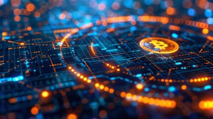 Intricate design showcasing a glowing bitcoin symbol, at the center surrounded by a complex network of digital circuitry with vibrant colors representing cryptocurrency security and technology.