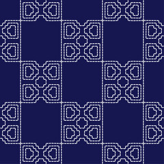 Sashiko Japanese stitch embroidery ethnic abstract artwork seamless geometric pattern printed background fabric wallpaper hand drawn line indigo white template
