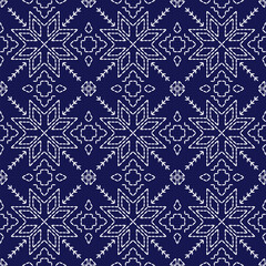 Sashiko Japanese stitch embroidery ethnic abstract artwork seamless geometric pattern printed background fabric wallpaper hand drawn line indigo white template
