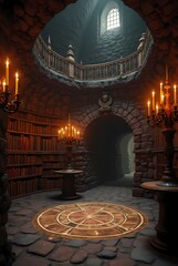 Obraz premium A secret library in the castle's dungeon, where candles burn on massive candelabra. And a magic circle is painted on the floor