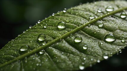 Fototapeta premium Close-Up of Dew Droplets on Leaf with Light Refraction – Detailed Natural Texture