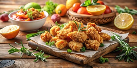 Crispy fried popcorn chicken pieces scattered on a wooden table surrounded by fresh herbs and citrus fruits, restaurant, food