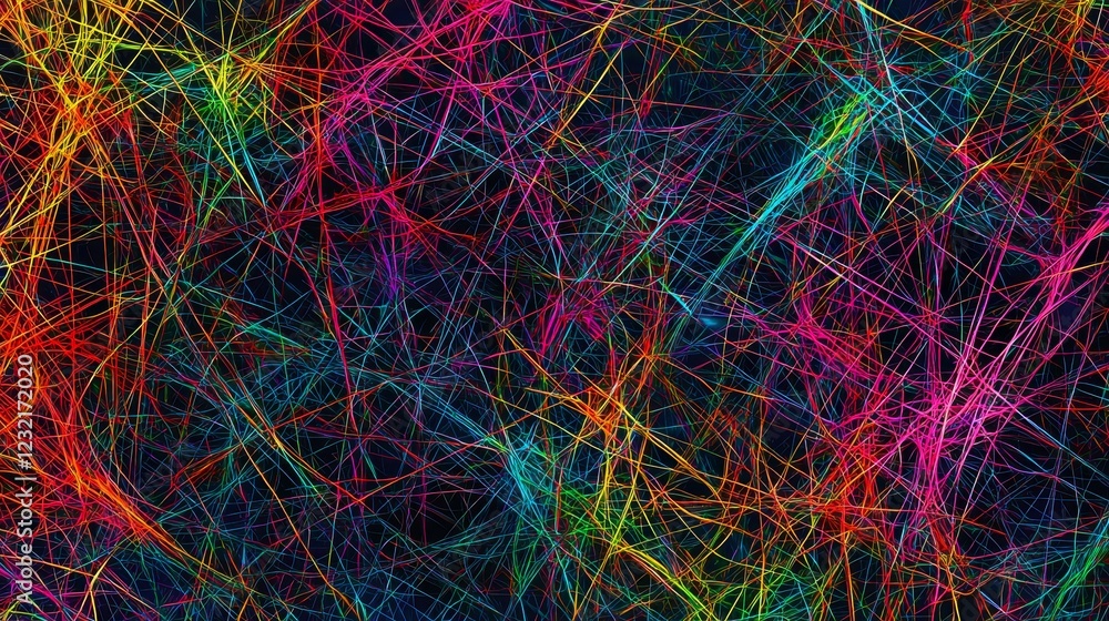 Poster chaotic radiating lines crossing in multicolored abstract pattern