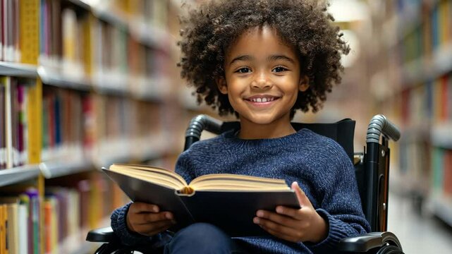 Happy young disabled mixed race school student in wheelchair reading a library book. African american child with disability learning. Inclusive & diverse education