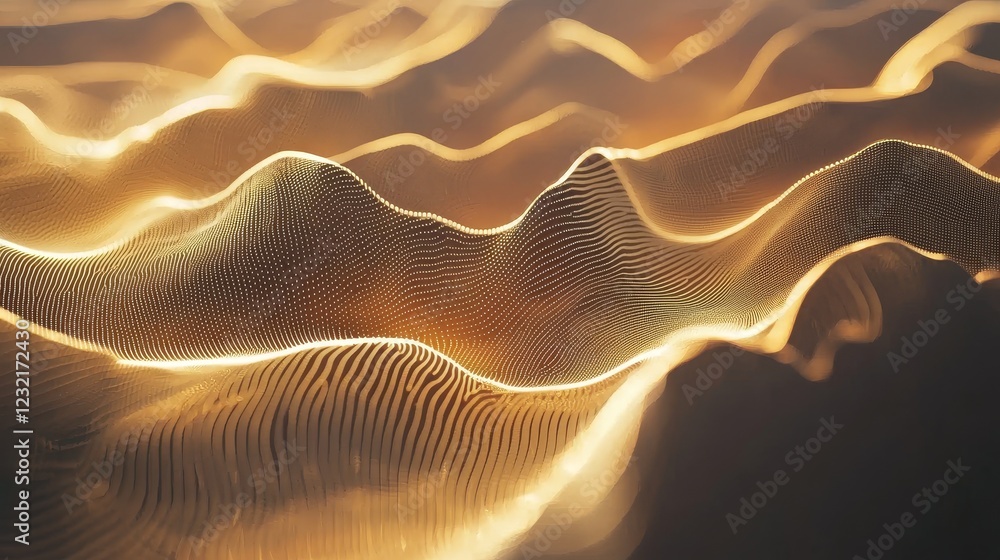 Poster softly glowing digital lines forming a structured grid in warm tones