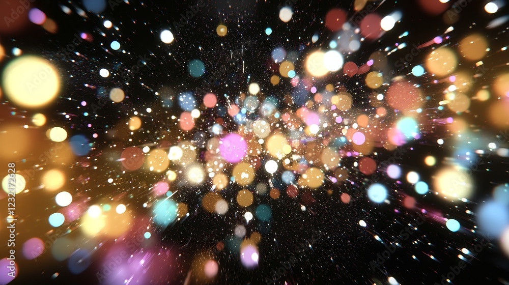 Poster sparkling dots traversing through a vast expansive space with depth