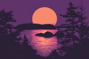 Serene Sunset Over a Silhouetted Lake and Forest