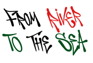 letters FROM RIVER TO THE SEA in sprayed graffiti isolated style