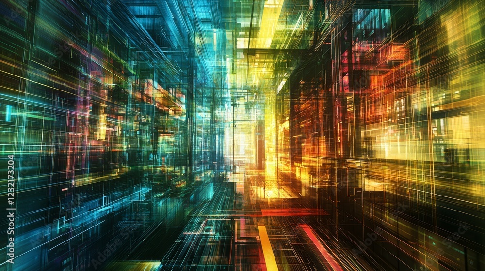 Poster vibrant digital structures with multicolored light effects in motion