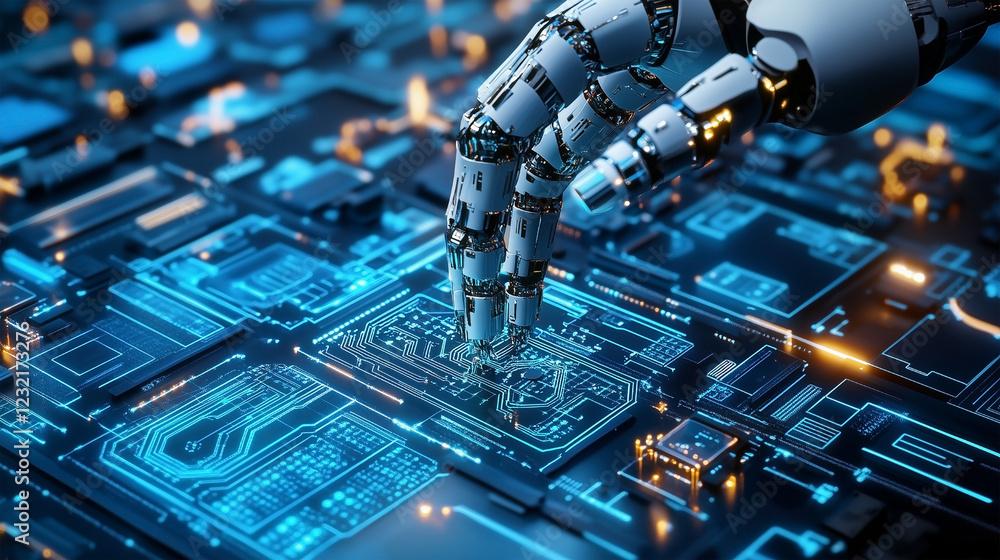 Aufkleber a robot arm is touching a computer chip