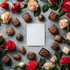 Beautiful flat lay of chocolates and roses for special occasions. Generative AI