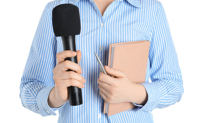 Journalist with microphone, notebook and pen on white background, closeup