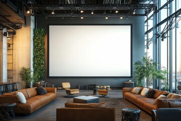 Modern loft apartment with large blank screen, leather sofas, and plants.