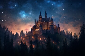 Fototapeta premium A medieval castle on a hill, surrounded by a glowing enchanted forest, with a starry night sky above,