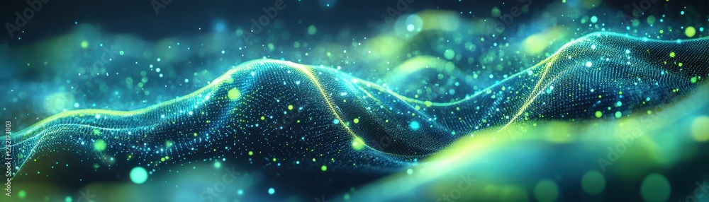 Wall mural abstract digital wave with glowing particles in a futuristic neon color palette on a dark background