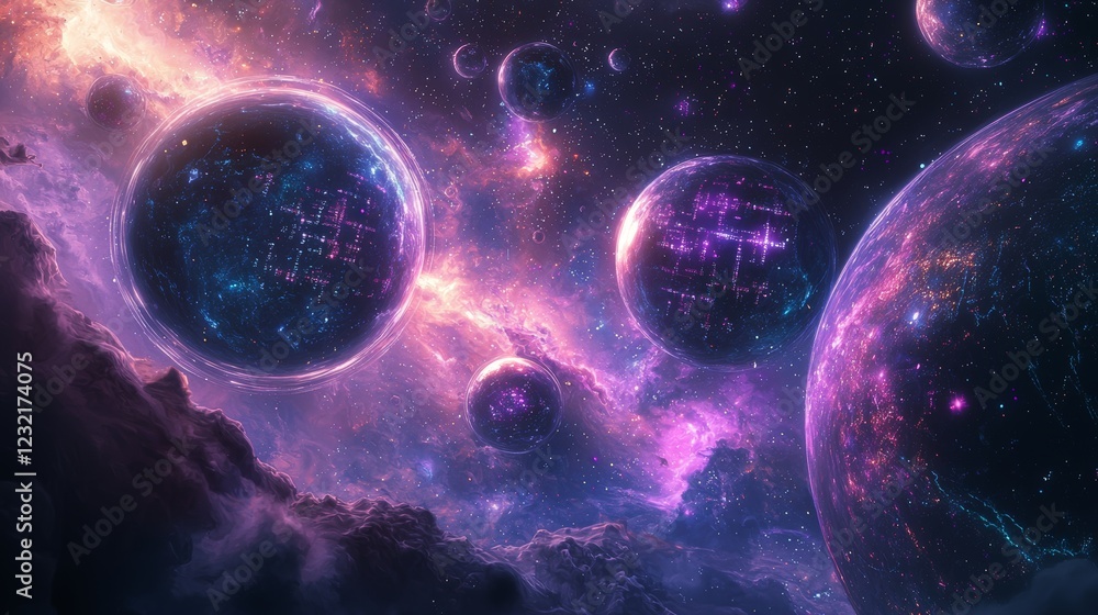 Aufkleber vibrant cosmic orbs of data floating through an expansive universe