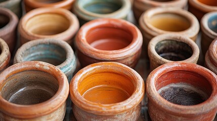 Rustic Clay Pots Earthy Tones and Natural Organization, A Collection of Aligned Terracotta Pots on Outdoor Tiles, showcasing a Clean and Simple Arrangement of Handcrafted Ceramic Planters in Warm