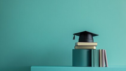 Graduation Cap Atop Stack of Books on Teal Background