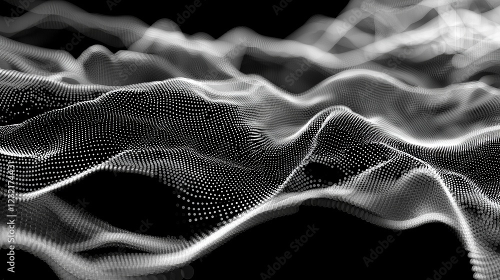 Poster abstract waves of interconnected dots and lines flowing in black space
