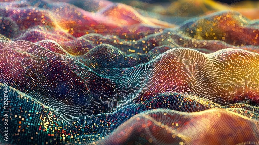 Poster flowing waves of interconnected dots and lines in colorful patterns