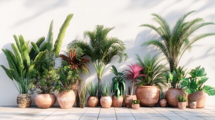 Obraz premium Rustic Outdoor Patio Design Vibrant Greenery in Clay Pots on Tiled Terrace Natural Tones, Clean Arrangement of Potted Plants Creates a Serene, Mediterranean-Inspired Oasis Perfect for Backyard