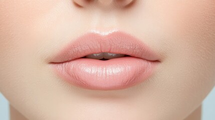 Obraz premium Perfect natural lip shape with beautiful pink lipstick showcasing cosmetology and lip augmentation results, highlighting dental aesthetics and overall beauty enhancement