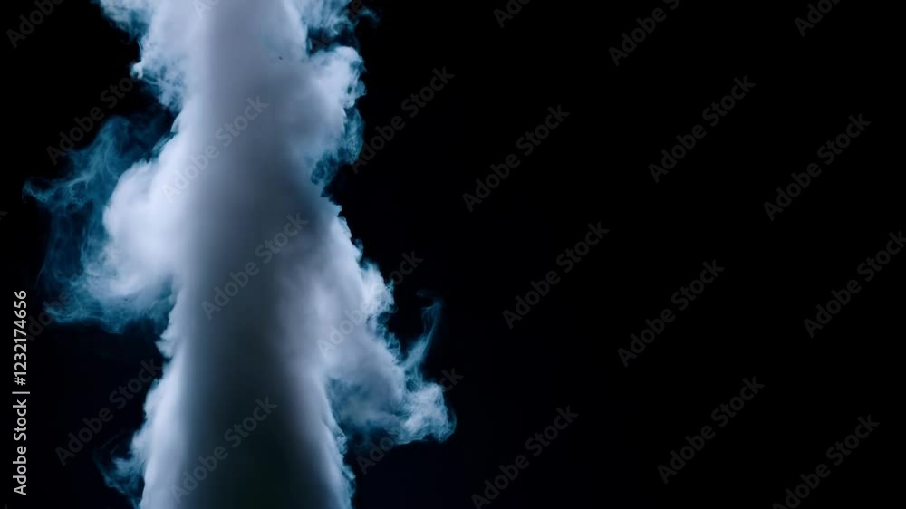 Poster white smoke softly rising, creating elegant vertical column against deep black background with ample