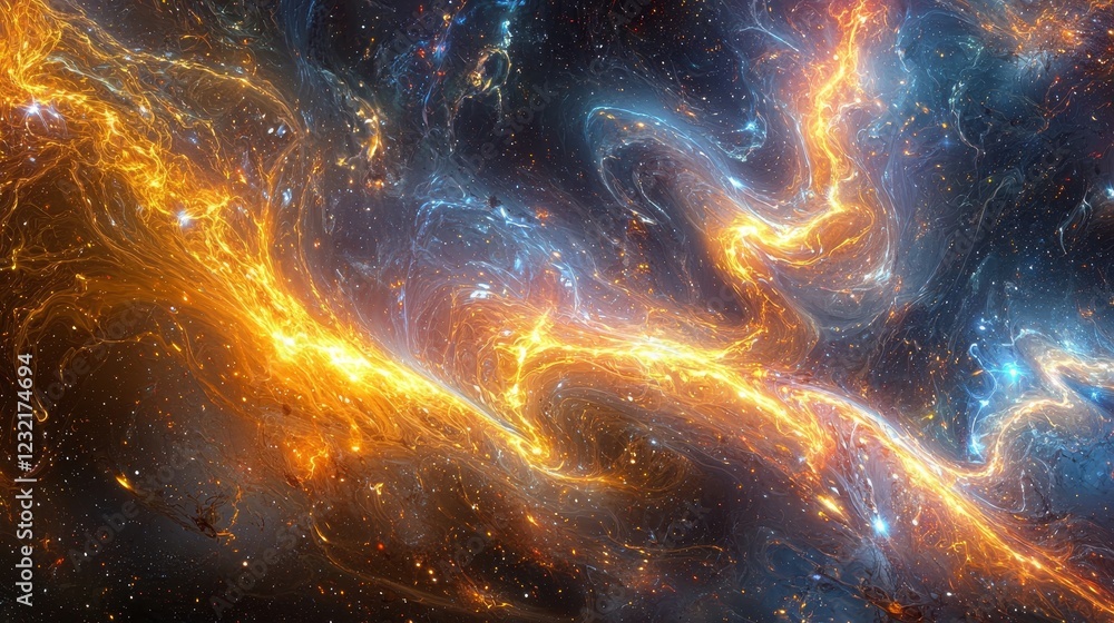 Poster luminous wavy strings in deep space landscape with cosmic colors