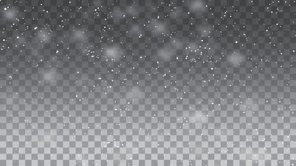 Vector snowstorm overlay pattern for winter. Snow landscape with falling snowflakes isolated on transparent background. Snowfall winter sky. 