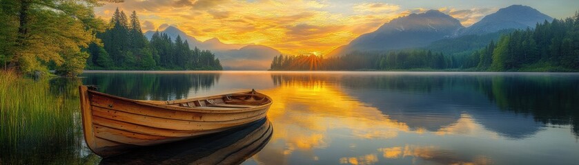 Serene Sunrise Over Mountain Lake with Wooden Boat and Reflective Waters Surrounded by Lush Forest and Majestic Peaks