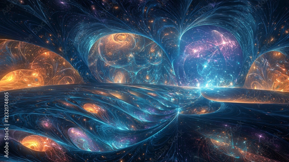 Poster wavy landscape of luminous strings in a deep space setting