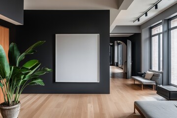 Modern apartment interior with blank canvas, hardwood floors, and large windows.
