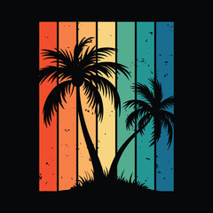 Tropical Palm Silhouettes with Vibrant Retro Gradient Stripes