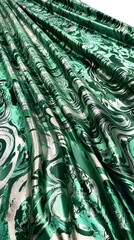 Fototapeta premium Emerald Marble Velvet Fabric: Luxurious emerald green velvet fabric with a swirling silver marble pattern, showcasing rich texture and elegant drape. Perfect for fashion, interiors.