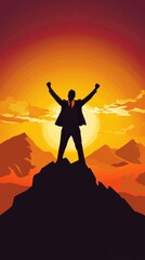Silhouette of businessman raising arms in victory on top of mountain at sunset, celebrating business success