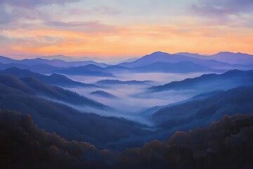 Fototapeta premium misty mountain peaks at dawn, painted in warm oranges and cool purples, low clouds drifting through valleys below