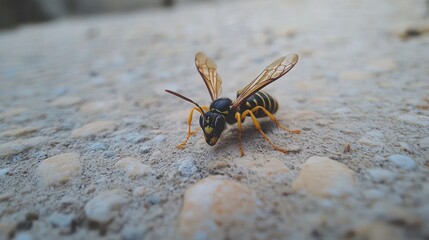 A close up of a wasp on a rocky surface with clear details of its body and wings