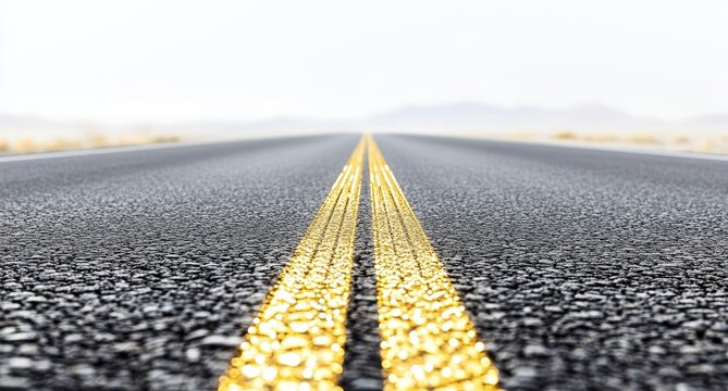 Empty asphalt road with double yellow lines vanishing into hazy horizon.