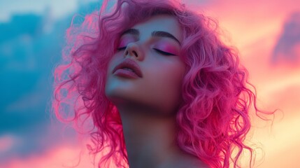 Naklejka premium Pink-haired woman posing with closed eyes, bathed in warm sunset glow