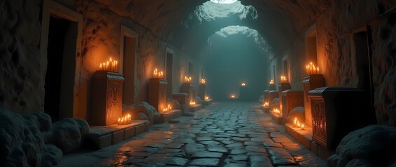 Fototapeta premium An underground crypt with sarcophagi where candles are placed at each corner