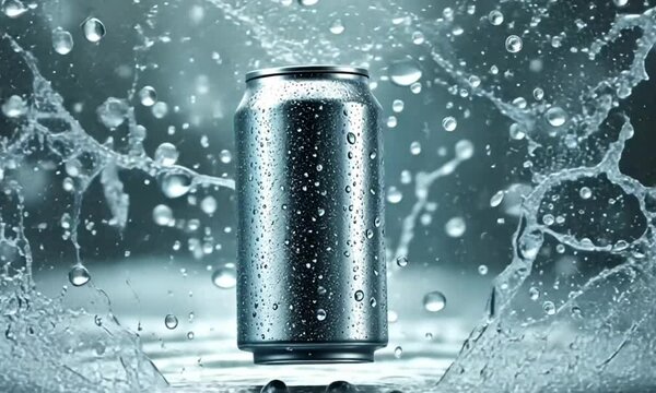 Metallic silver soda can drink with water splash on studio lighting background, product advertisement