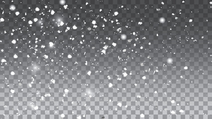 Snow landscape with falling snowflakes isolated on transparent background. Snowfall winter sky. Cold snow flake fall effect. Vector snowstorm overlay pattern for winter