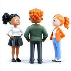 Three Cartoon Children in Casual Clothing Stand Together Against White Background