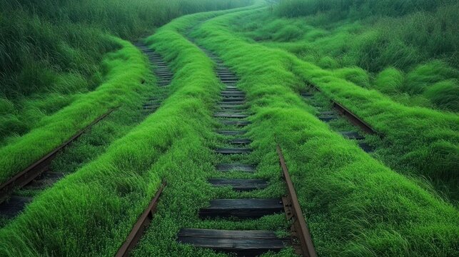 Abandoned Railway Tracks Overgrown With Vibrant Green Grass and Vegetation