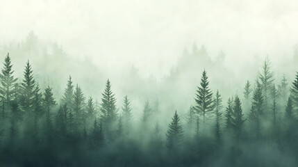 Soft mist surrounds the tall trees in this peaceful forest scene.