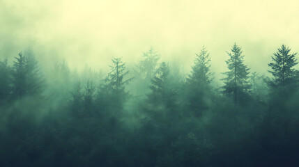 Misty forest view with soft green hues.